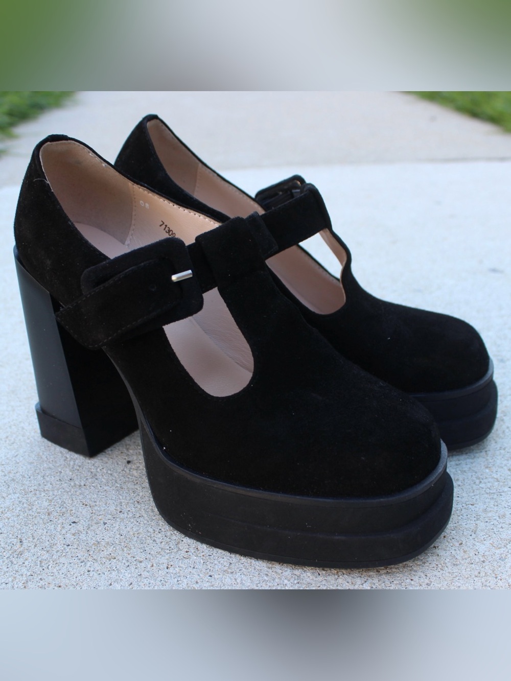 Lonza Shirley Black Suede Platform Mary Janes Heels Sz 6
